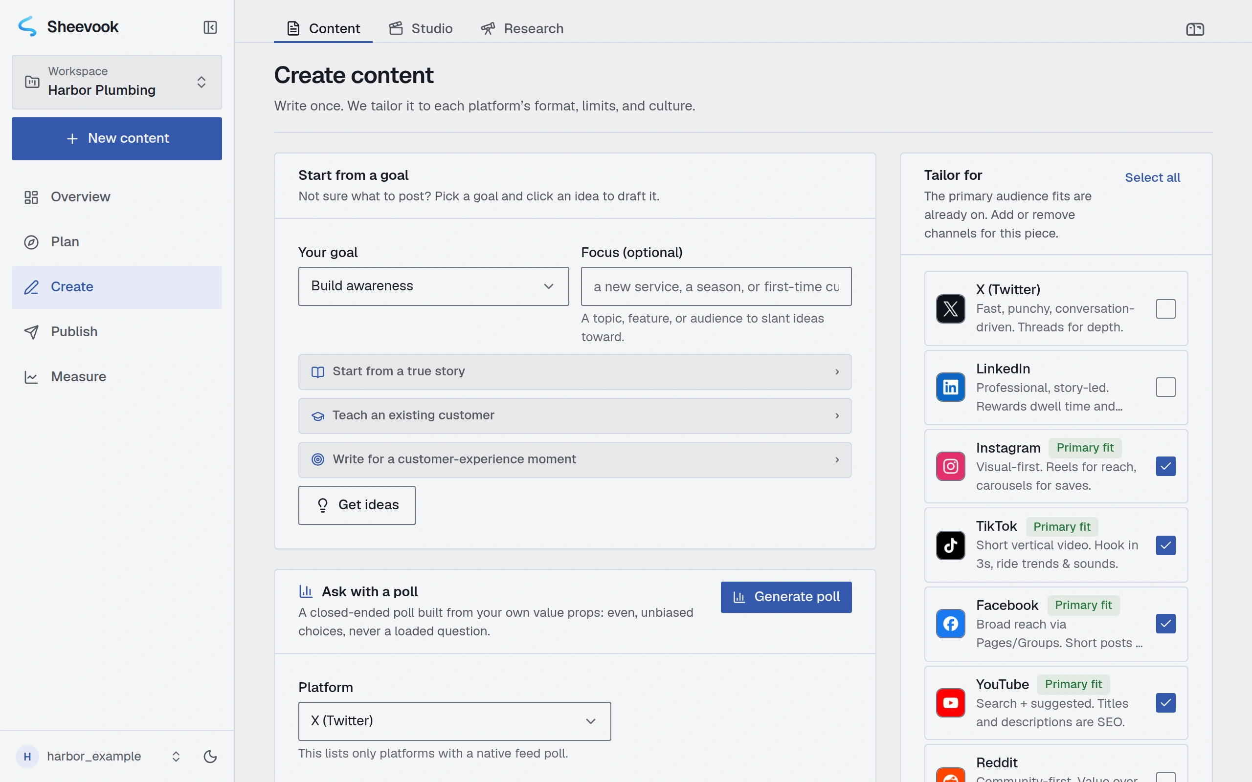 The Create screen for the example plumber: a goal picker for post ideas beside a list of platforms to tailor for, with Instagram, TikTok, Facebook and YouTube marked as primary fits.