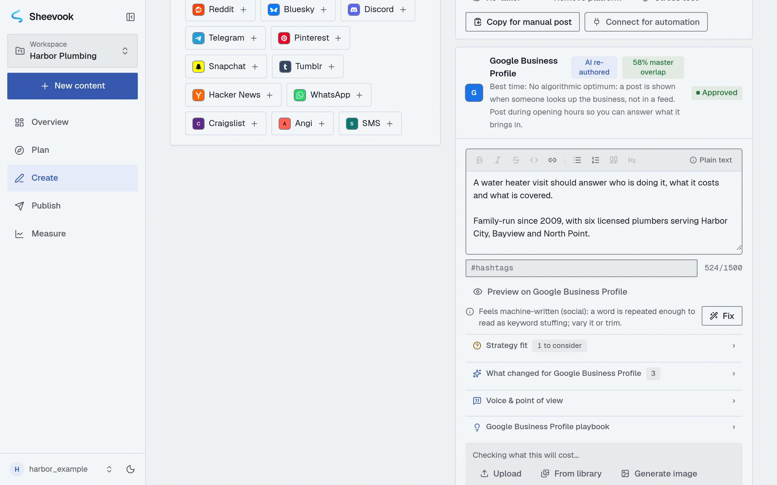 One post tailored for Google Business Profile, marked AI re-authored and approved, with the best time to post, a writing check offering a one-click fix, and the twenty platforms it could be added to.